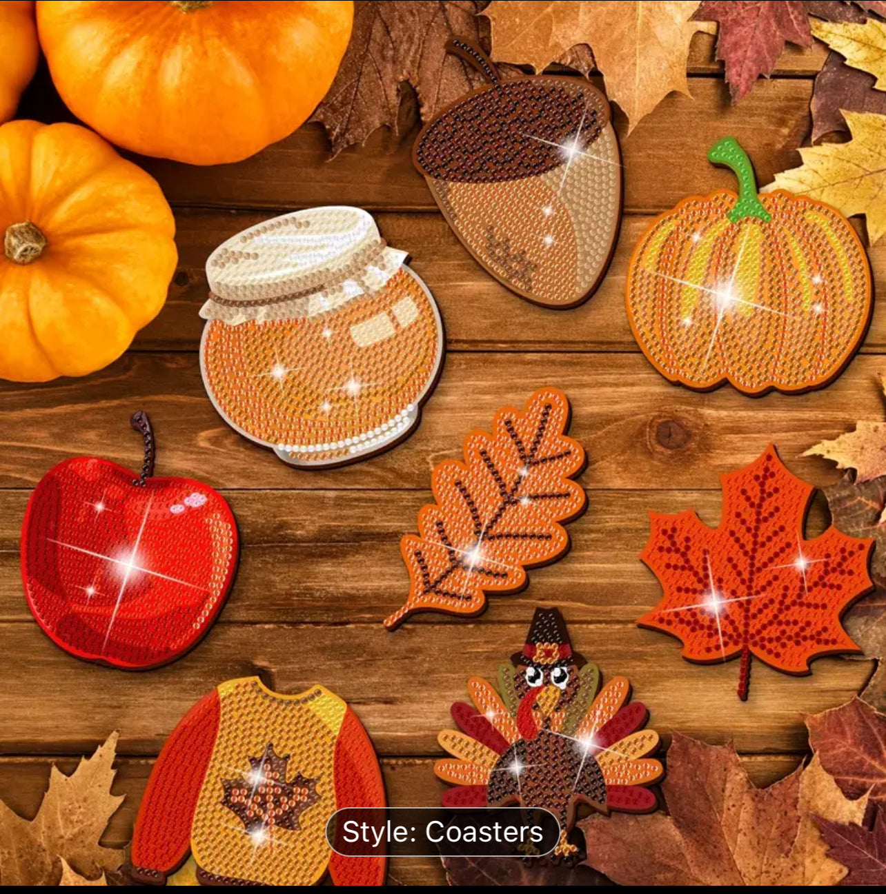 8-Pack Autumn Themed Handmade Diamond Painting Coaster - DIY Fall Elements Shaped Cup Mats Including Pumpkin, Maple Leaf & Turkey with Iron Stand & Wooden Base