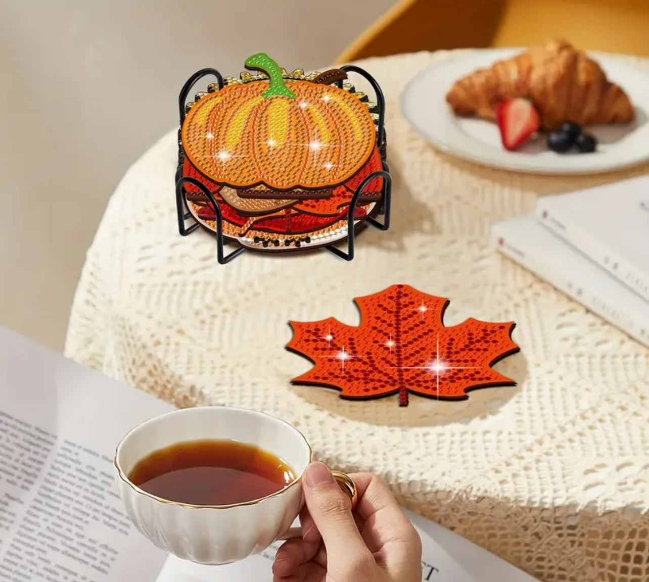 8-Pack Autumn Themed Handmade Diamond Painting Coaster - DIY Fall Elements Shaped Cup Mats Including Pumpkin, Maple Leaf & Turkey with Iron Stand & Wooden Base