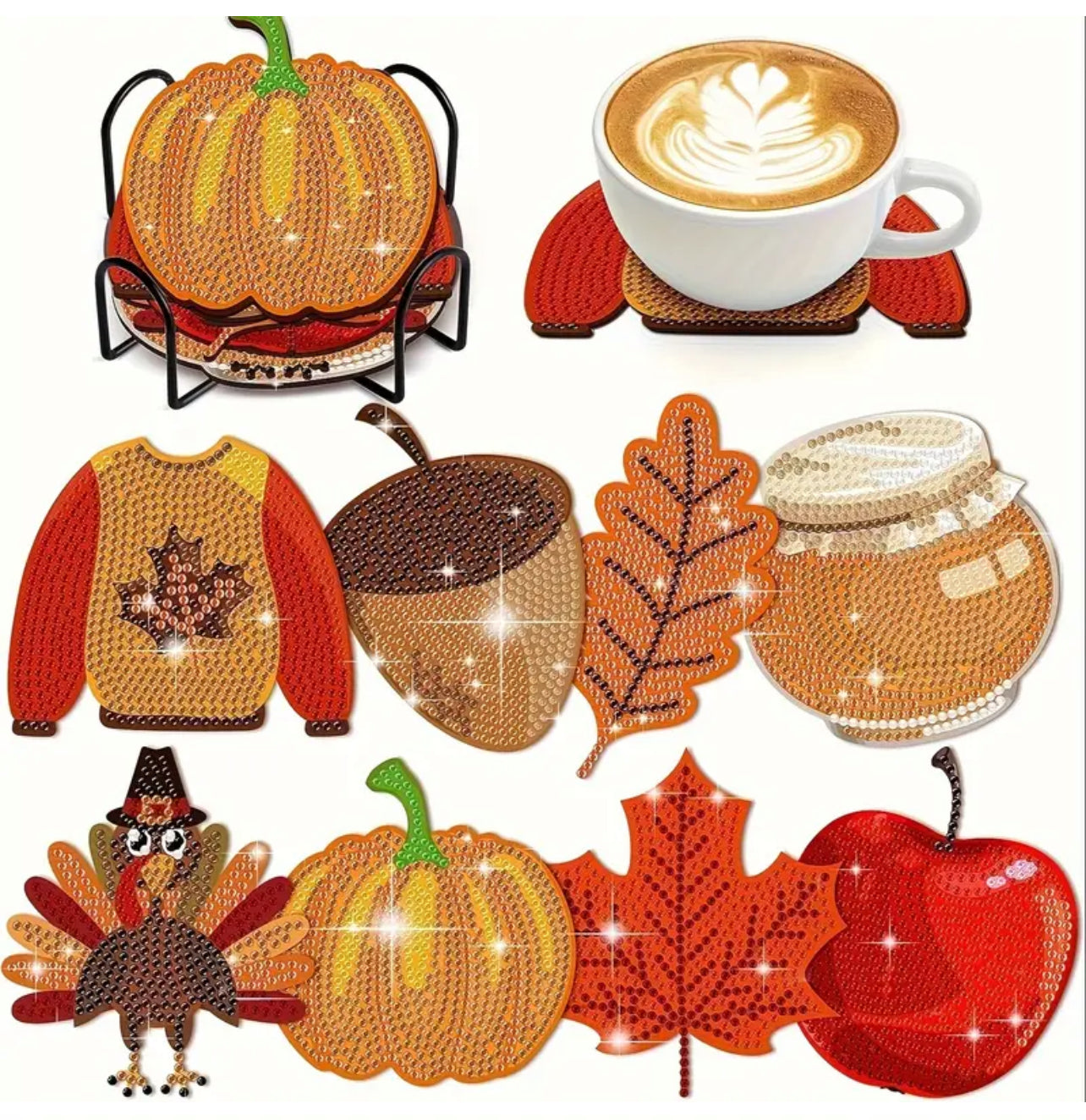 8-Pack Autumn Themed Handmade Diamond Painting Coaster - DIY Fall Elements Shaped Cup Mats Including Pumpkin, Maple Leaf & Turkey with Iron Stand & Wooden Base