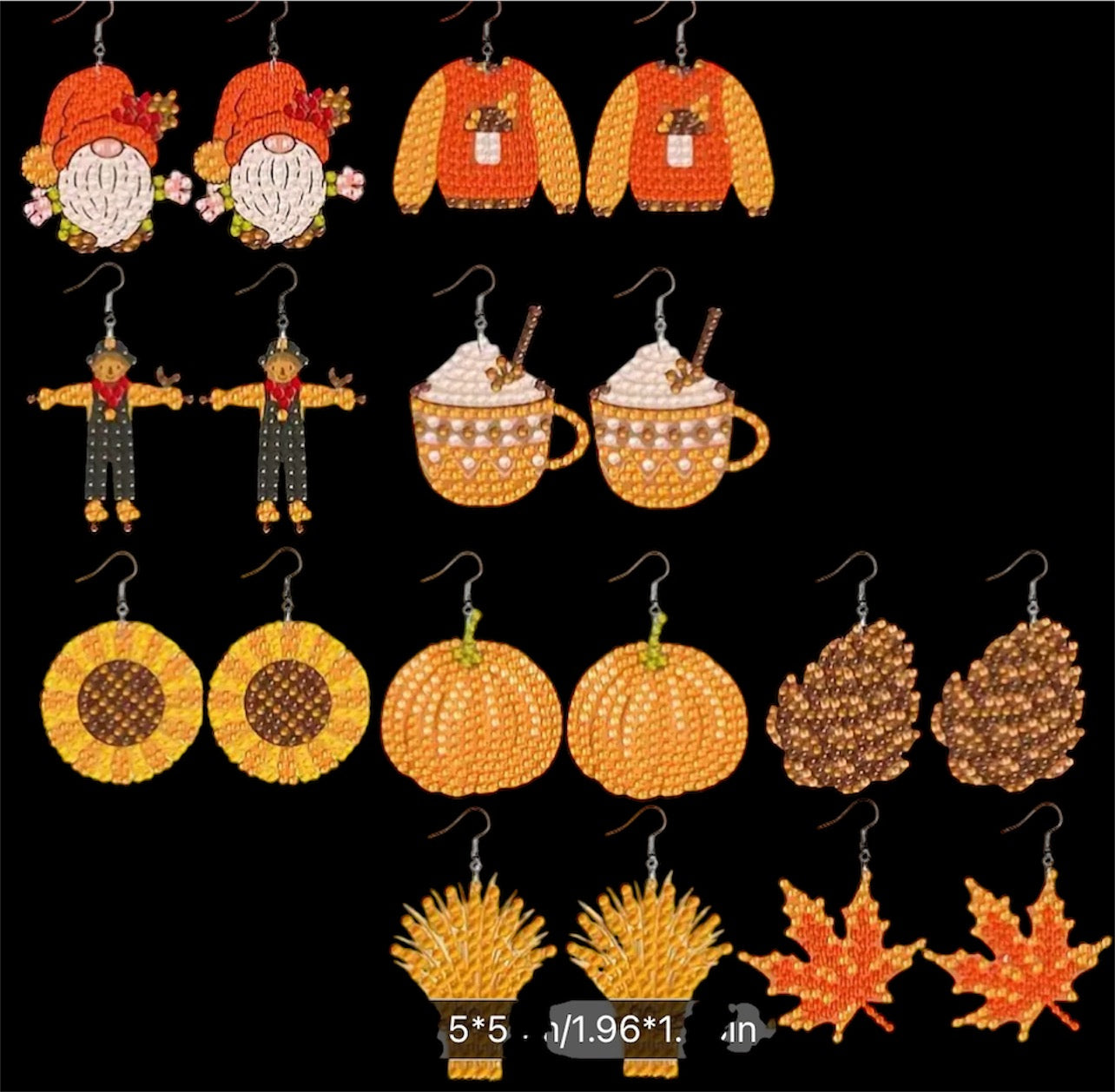 Double Sided Festive Thanksgiving, Halloween Handmade Diamond Painting 9 Earring Pairs for girls and women.