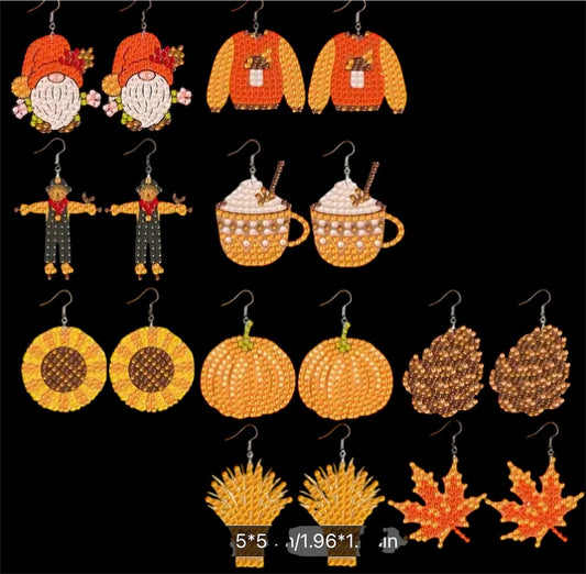 Double Sided Festive Thanksgiving, Halloween Handmade Diamond Painting 9 Earring Pairs for girls and women.